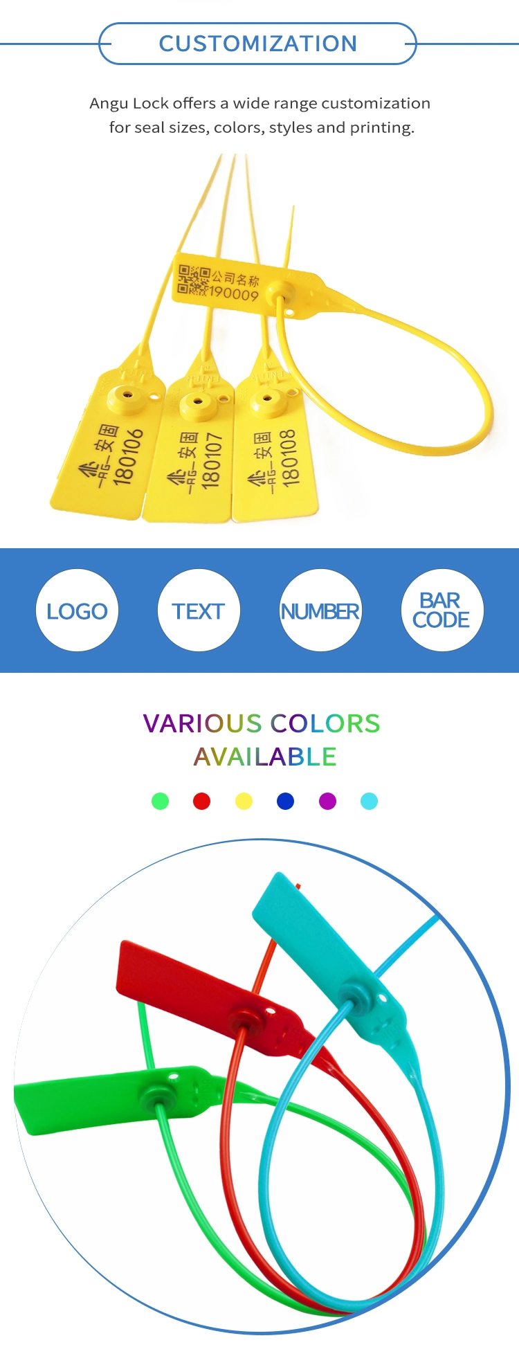 500mm/19.7&quot; Barcode Printed Seal Pull Tight Security Plastic Seals with Metal Locking